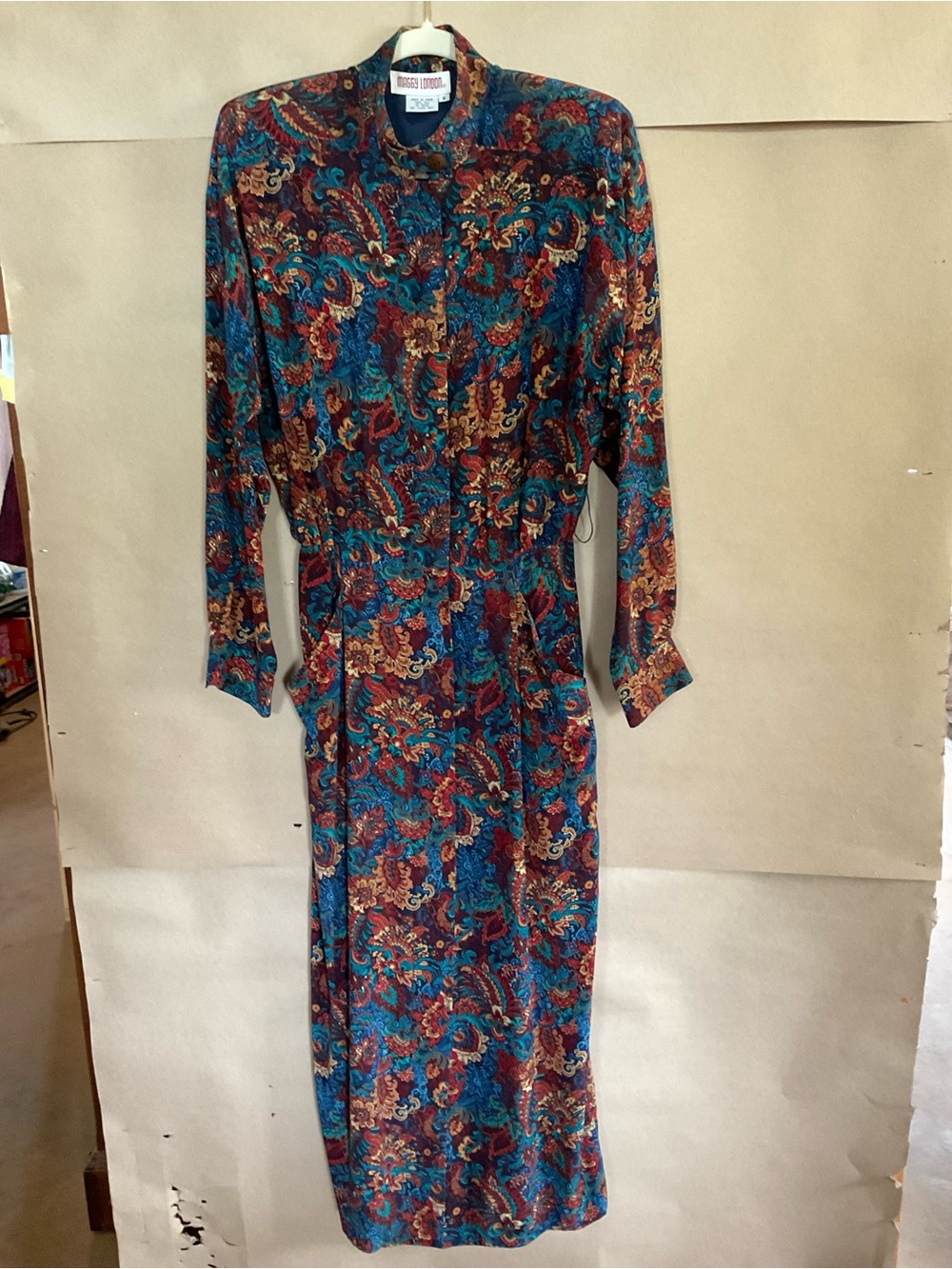 Maggie London Vintage-Inspired Paisley Maxi Dress - Teal & Burgundy. 100% silk.